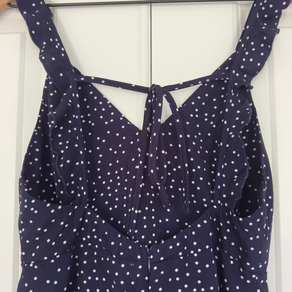 White Fox Polka Dot Mini Dress sleeveless ruffle tie bow back v-neck lightweight - Picture 11 of 14